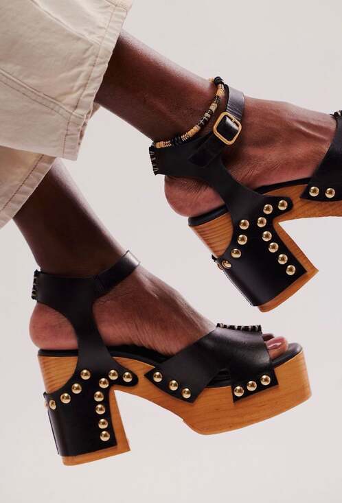 Free People Shoes - Free People Cecily Clogs Black Leather Studded Wooden Platform Sandal  Size 7.5